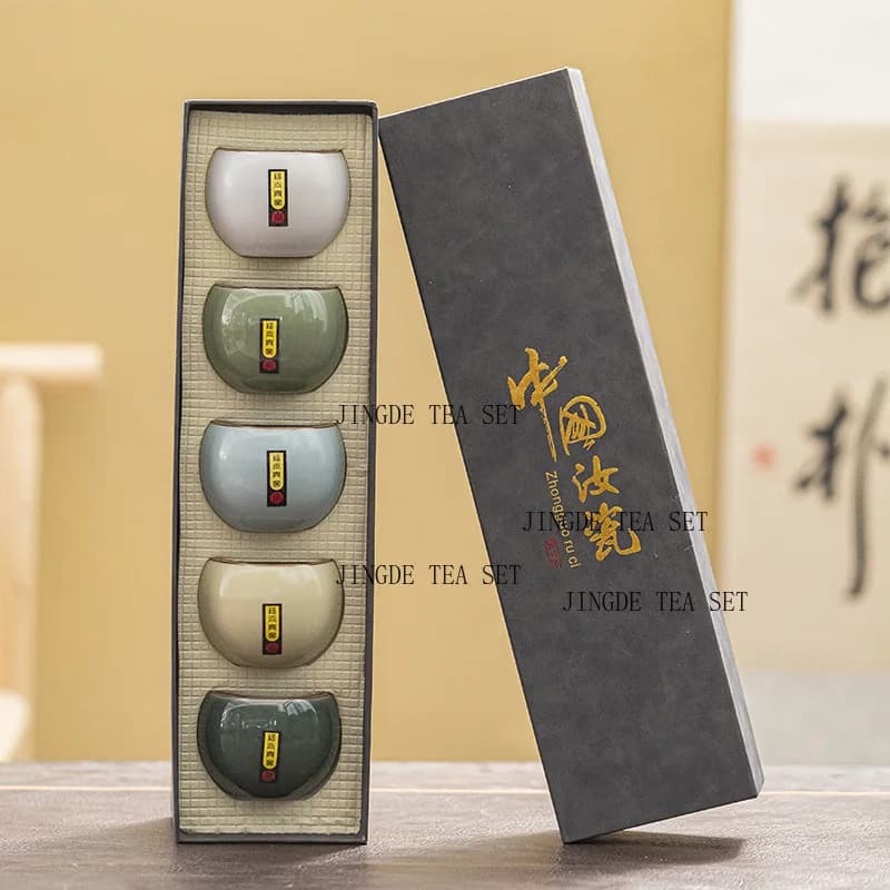 Zestaw 5 Ceramicznych Czarek Ru Kiln – Kung Fu Tea Cups z Pudełkiem Prezentowym