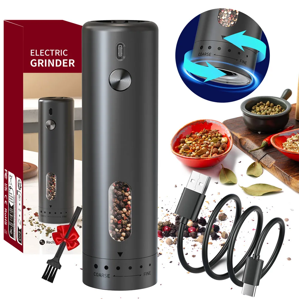 Elektryczny młynek do pieprzu i soli USB – regulowany młynek do przypraw z podświetleniem LED