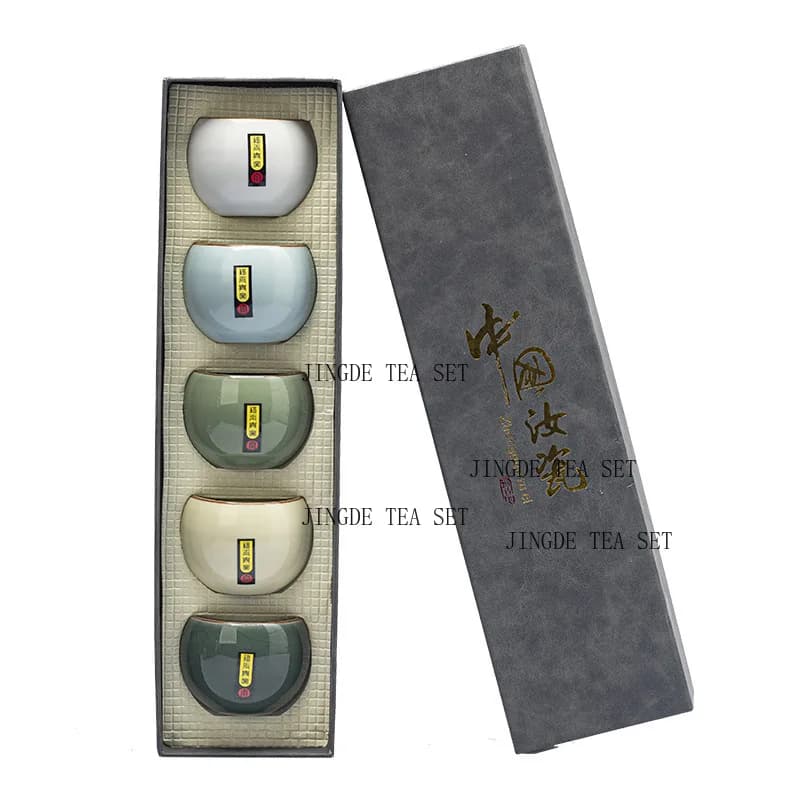 Zestaw 5 Ceramicznych Czarek Ru Kiln – Kung Fu Tea Cups z Pudełkiem Prezentowym